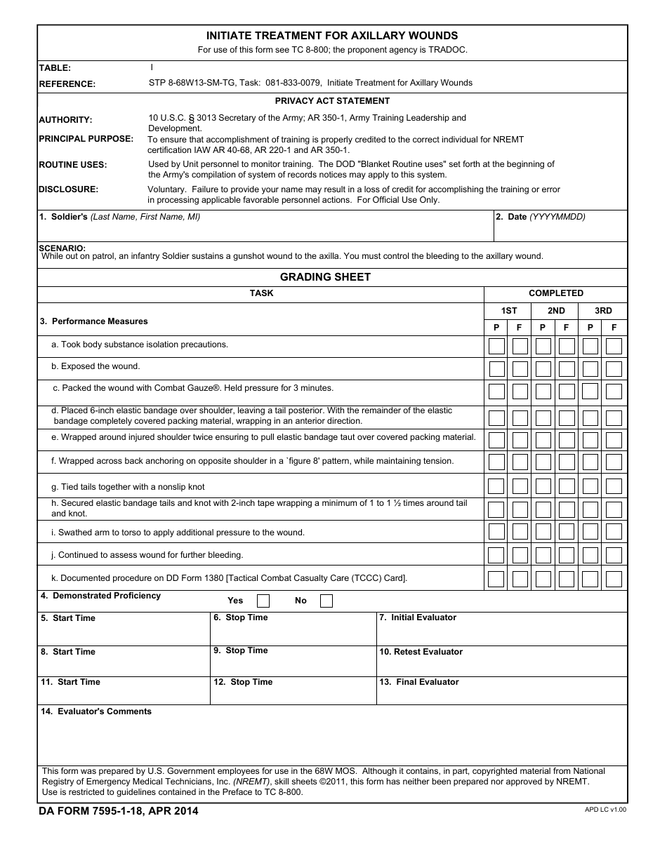 DA Form 7595-1-18 Initiate Treatment for Axillary Wounds, Page 1