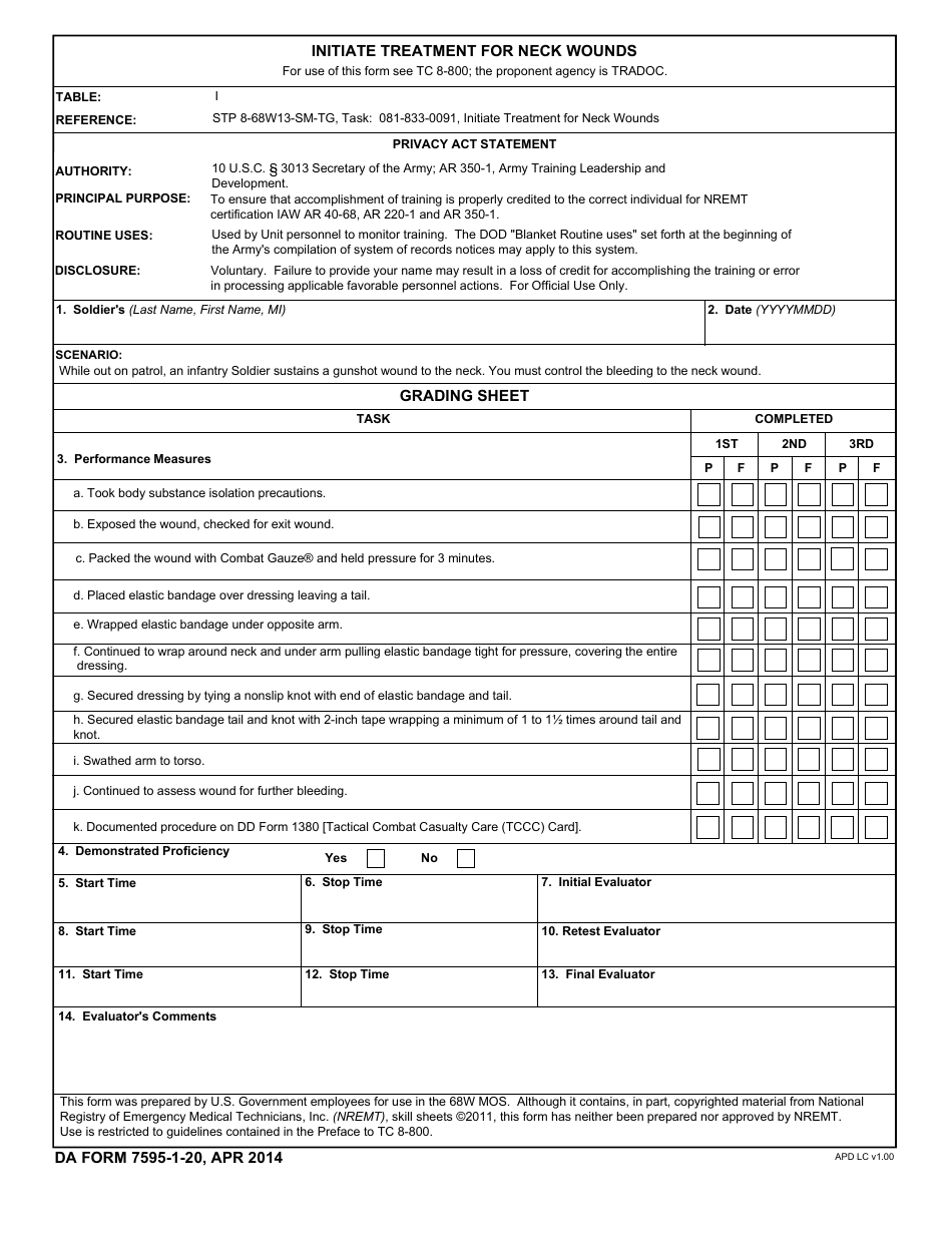 DA Form 7595-1-20 Initiate Treatment for Neck Wounds, Page 1