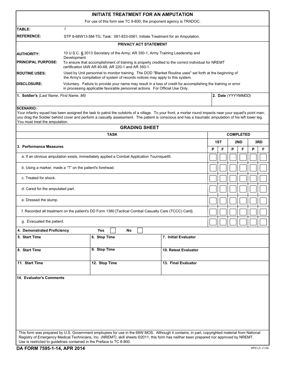 DA Form 7595-1-14 Initiate Treatment for an Amputation, Page 1