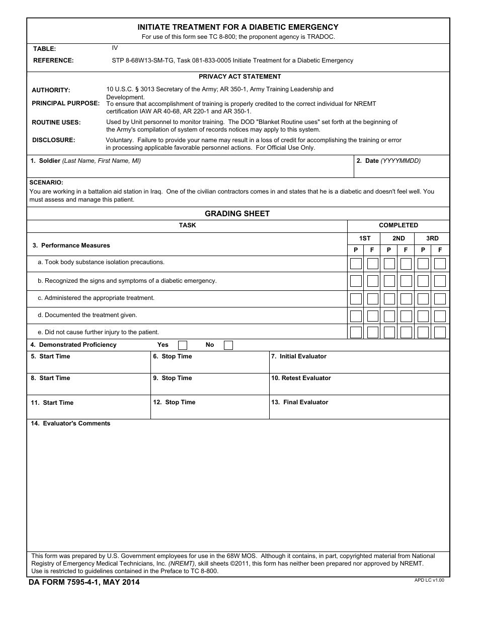 DA Form 7595-4-1 Initiate Treatment for a Diabetic Emergency, Page 1