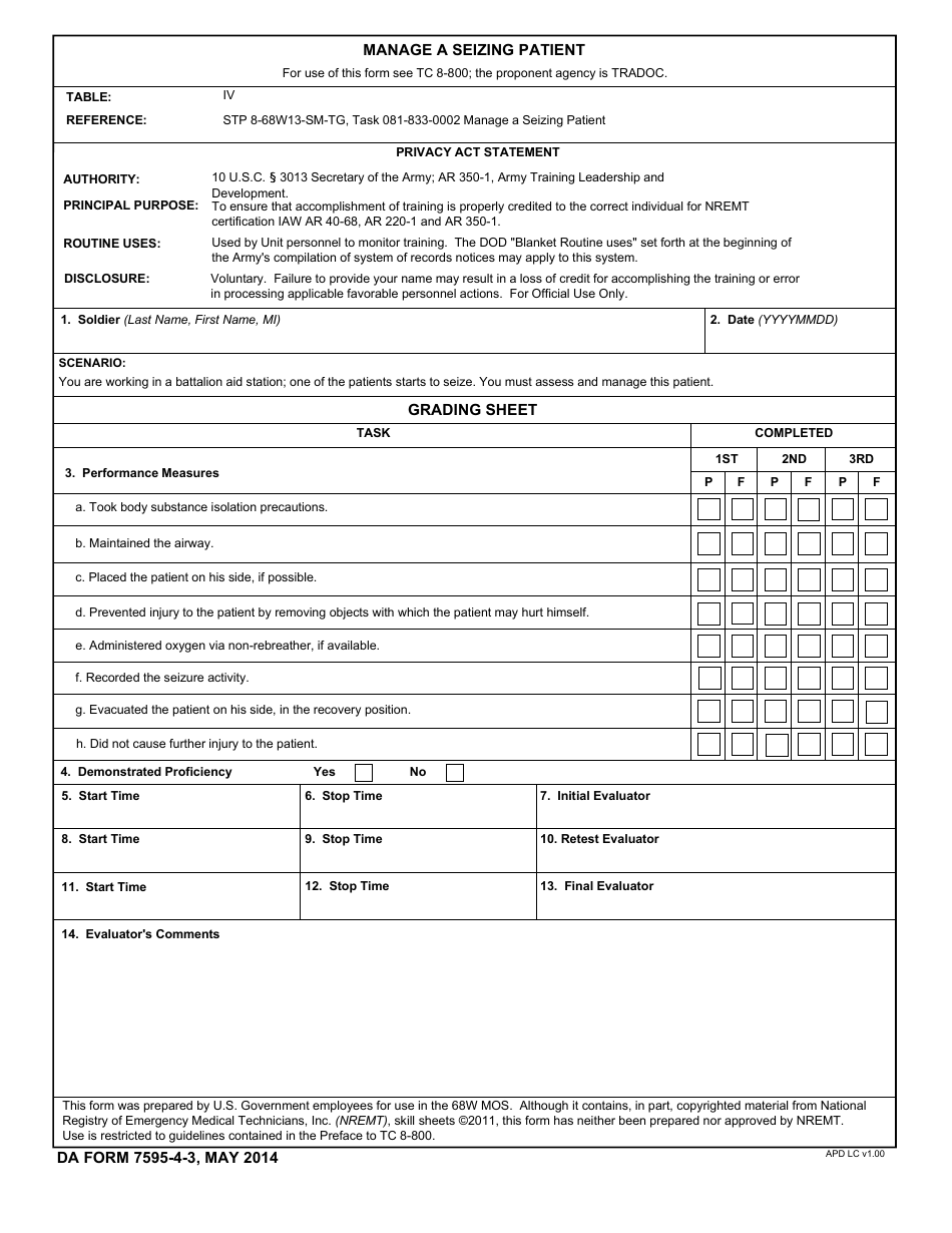 DA Form 7595-4-3 Manage a Seizing Patient, Page 1