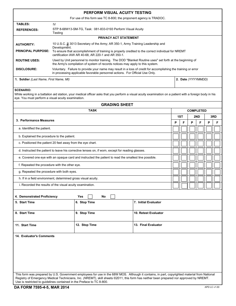 DA Form 7595-4-5 Perform Visual Acuity Testing, Page 1