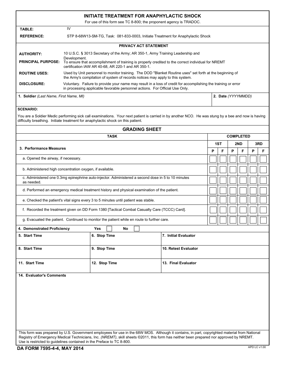 DA Form 7595-4-4 Initiate Treatment for Anaphylactic Shock, Page 1
