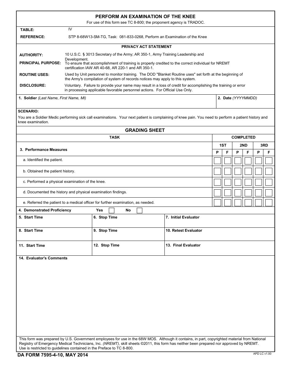 DA Form 7595-4-10 Perform an Examination of the Knee, Page 1