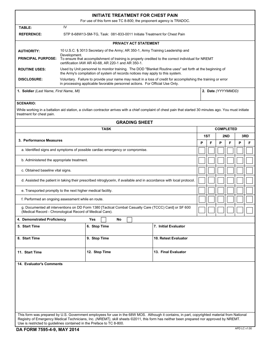 DA Form 7595-4-9 Initiate Treatment for Chest Pain, Page 1