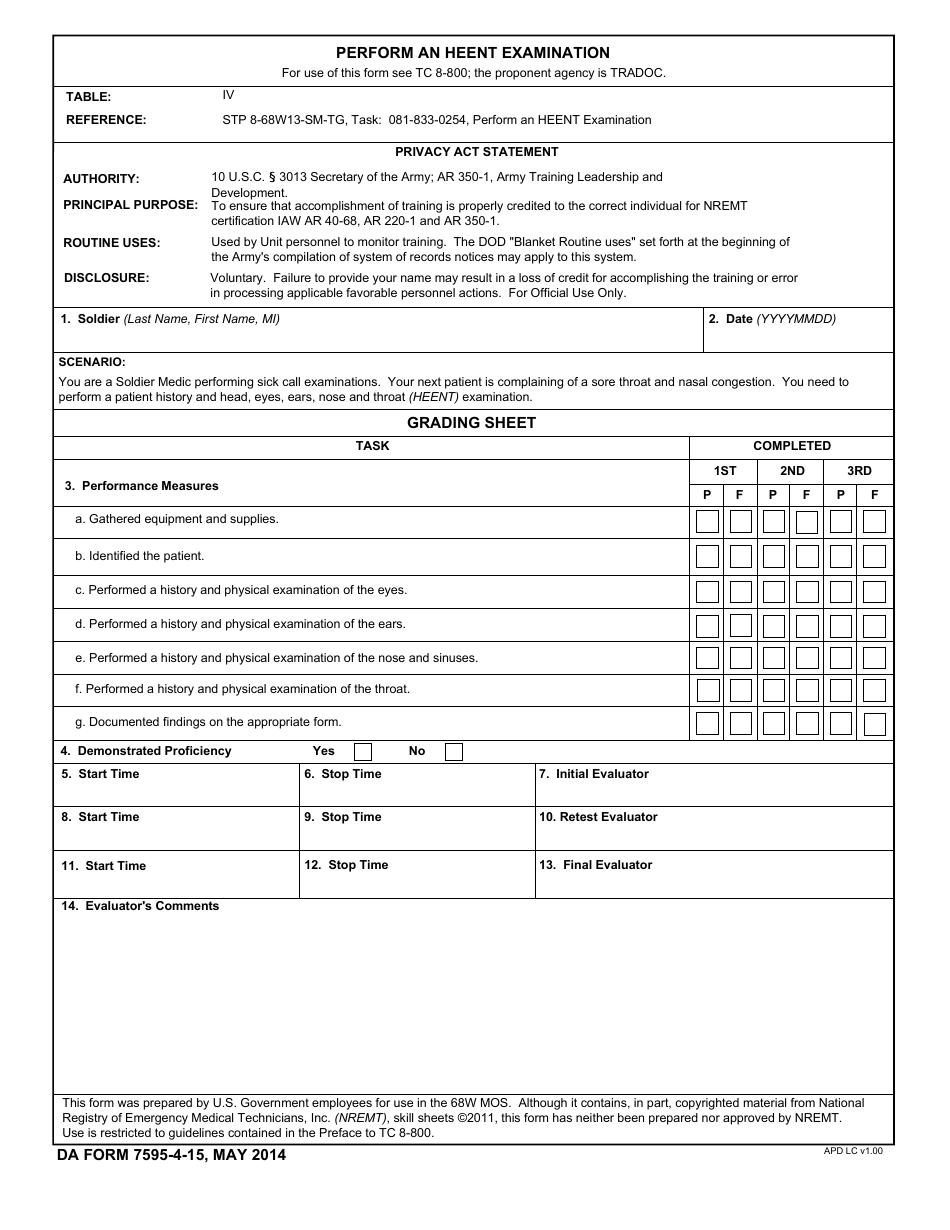 DA Form 7595-4-15 Perform an Heent Examination, Page 1