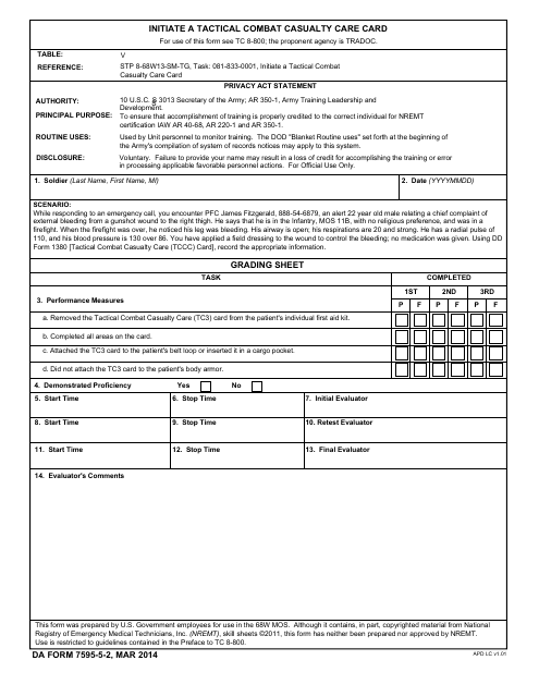 DA Form 7595-5-2 Initiate a Tactical Combat Casualty Care Card
