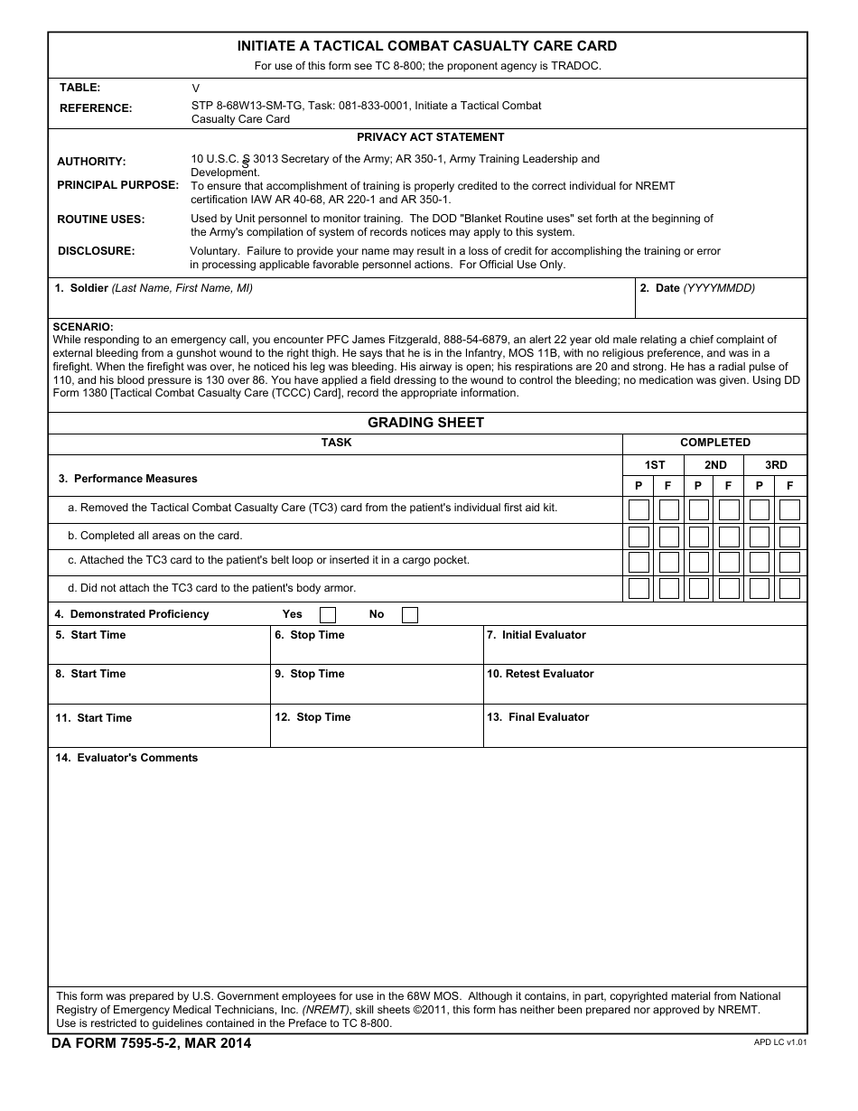 DA Form 7595-5-2 Initiate a Tactical Combat Casualty Care Card, Page 1