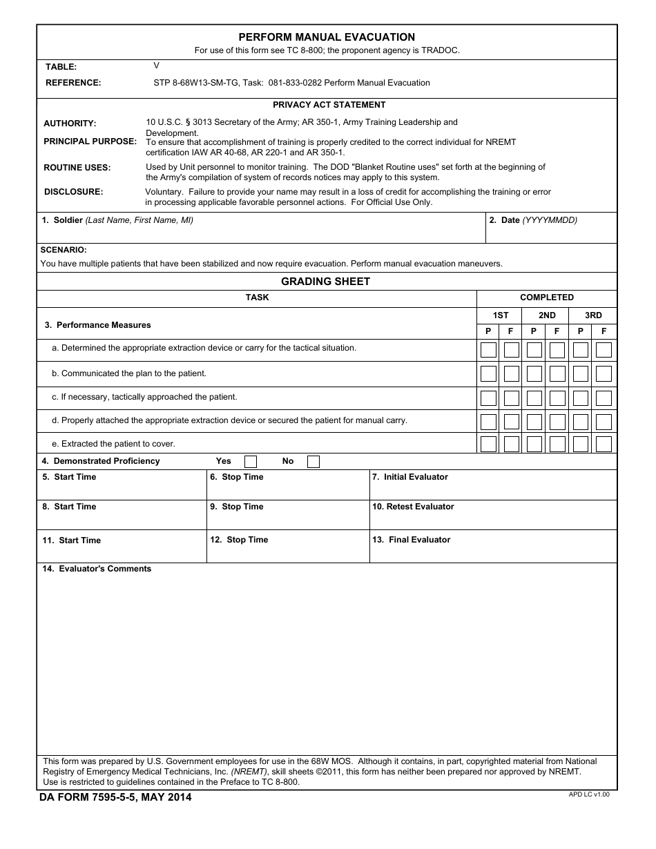 DA Form 7595-5-5 Perform Manual Evacuation, Page 1