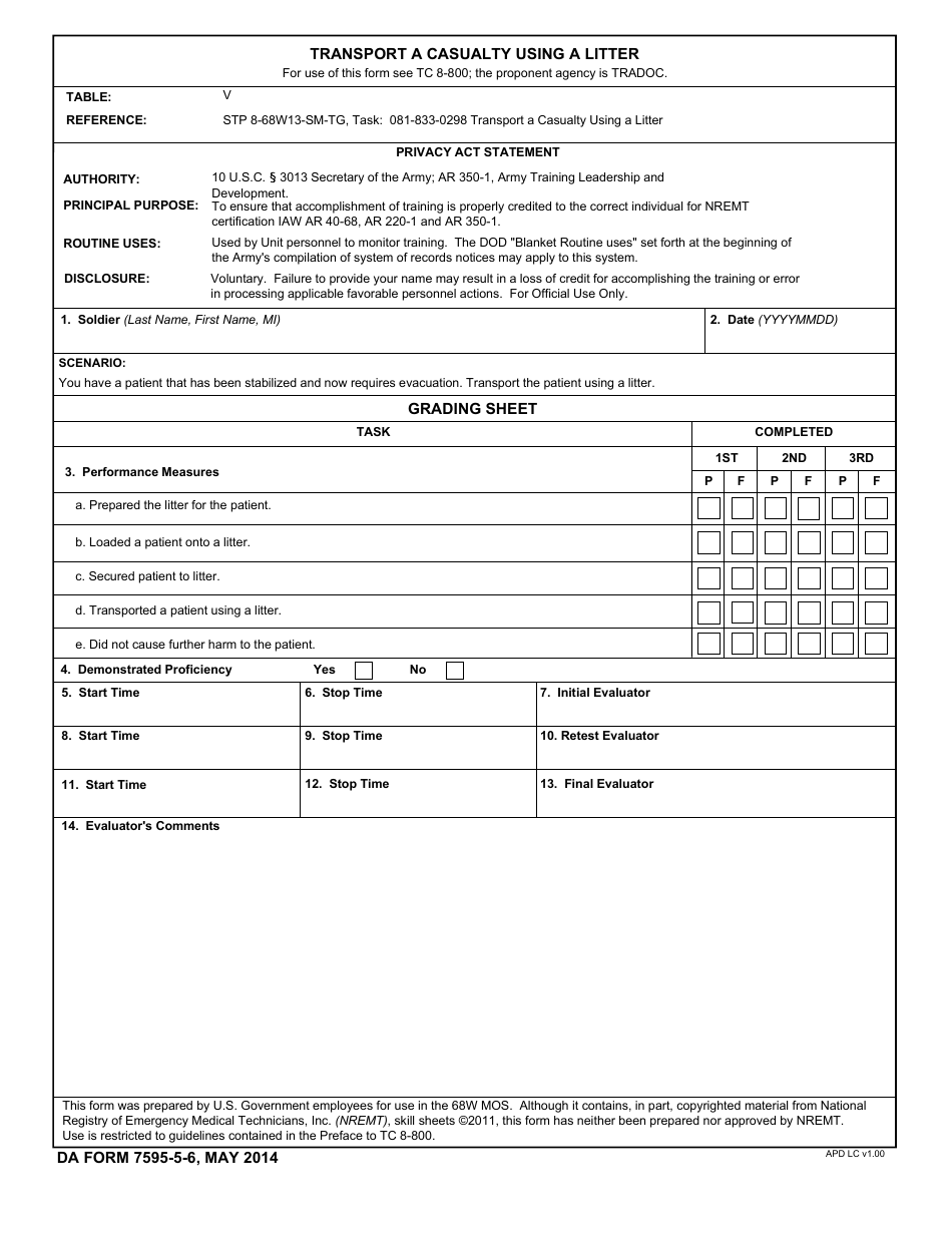 DA Form 7595-5-6 Transport a Casualty Using a Litter, Page 1