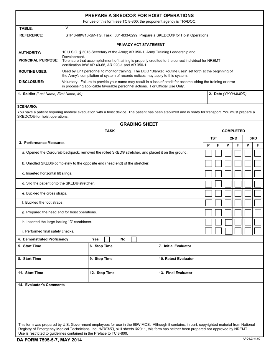 TRADOC Form 7595-5-7 Prepare a Skedco for Hoist Operations, Page 1