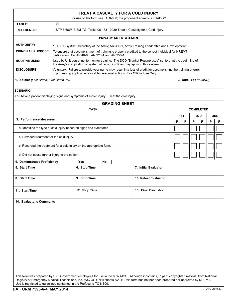 DA Form 7595-6-4 Treat a Casualty for a Cold Injury, Page 1