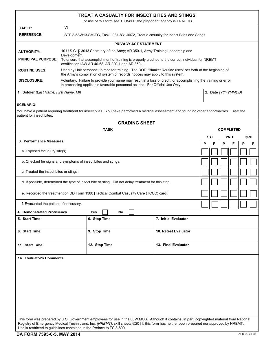 DA Form 7595-6-5 Treat a Casualty for Insect Bites and Stings, Page 1