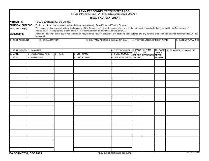 DA Form 7634  Printable Pdf