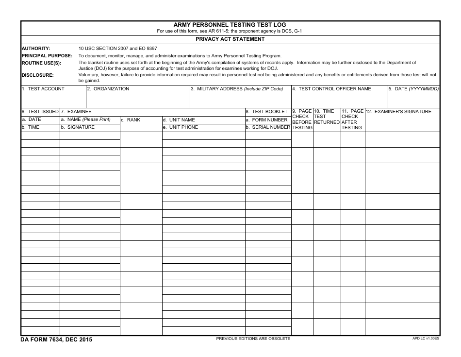 DA Form 7634 Army Personnel Testing Test Log, Page 1