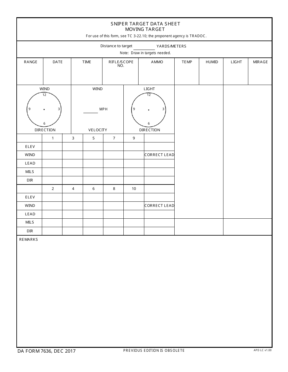 DA Form 7636 Sniper Target Data Sheet Moving Target, Page 1