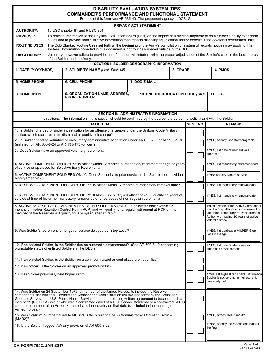 DA Form 7652 Disability Evaluation System (DES) Commanders Performance and Functional Statement, Page 1