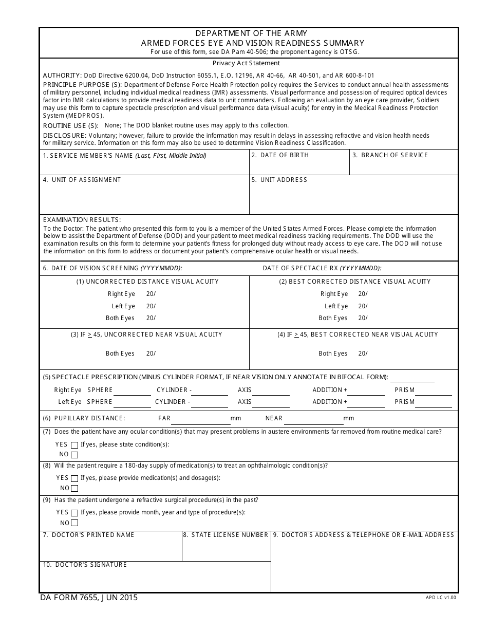 DA Form 7655 Armed Forces Eye and Vision Readiness Summary, Page 1