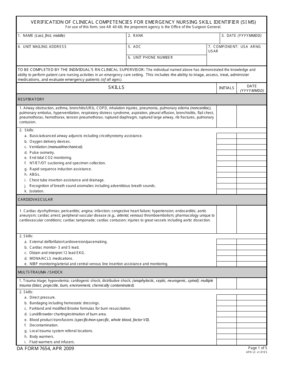 DA Form 7654 Verification of Clinical Competencies for Emergency Nursing Skill Identifier (Si M5), Page 1
