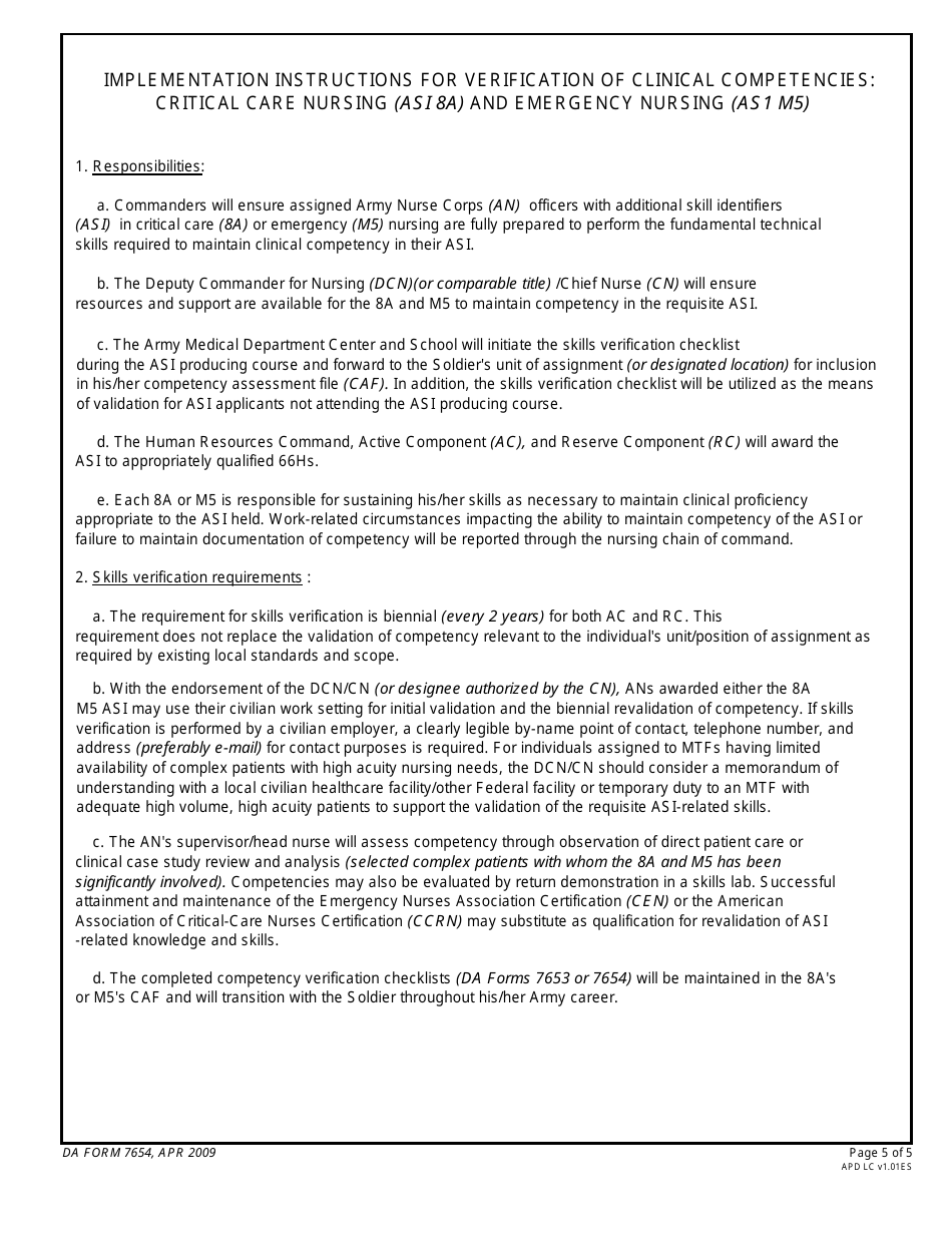 DA Form 7654 Verification of Clinical Competencies for Emergency Nursing Skill Identifier (Si M5), Page 5