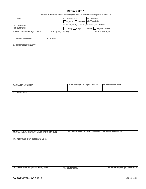DA Form 7675  Printable Pdf