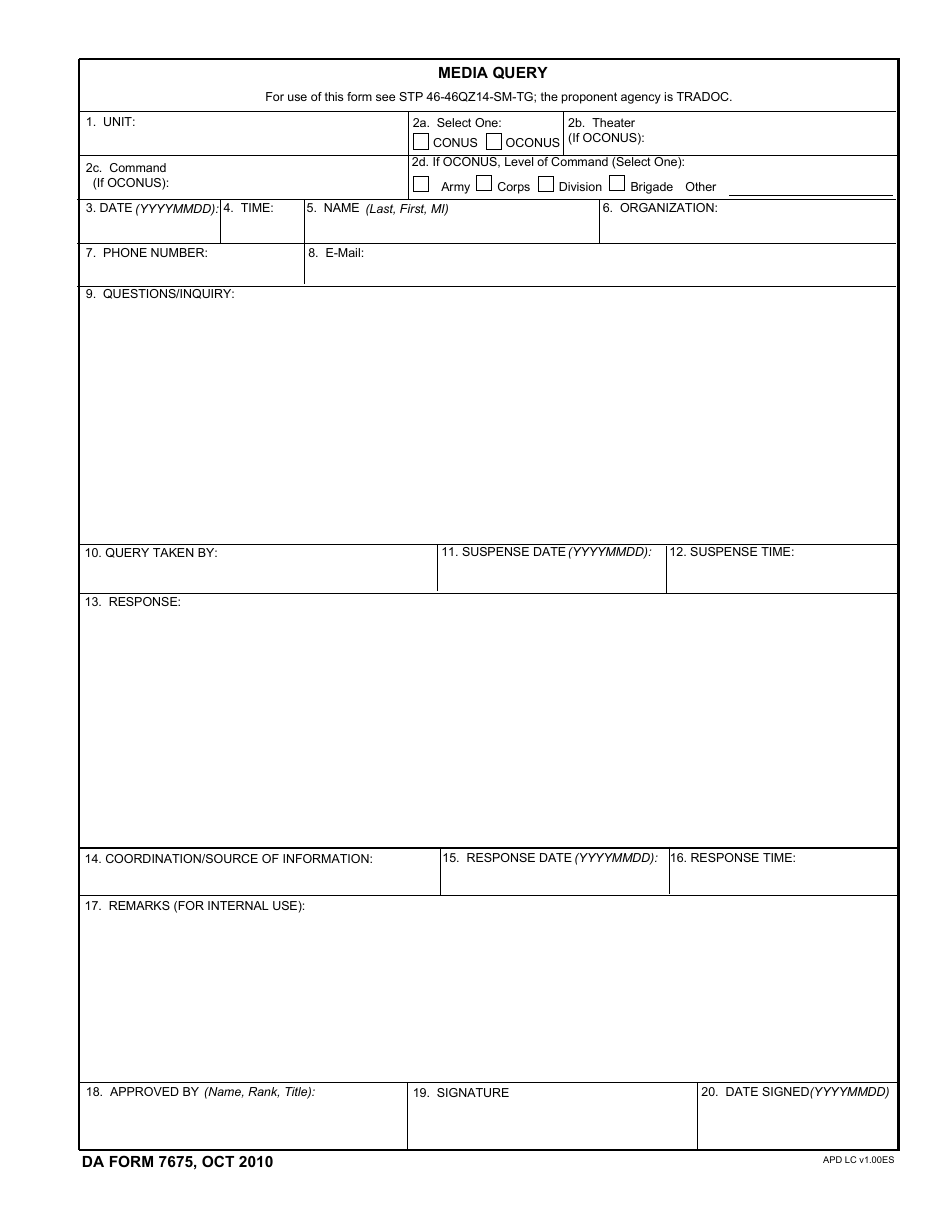 DA Form 7675 Media Query Form, Page 1