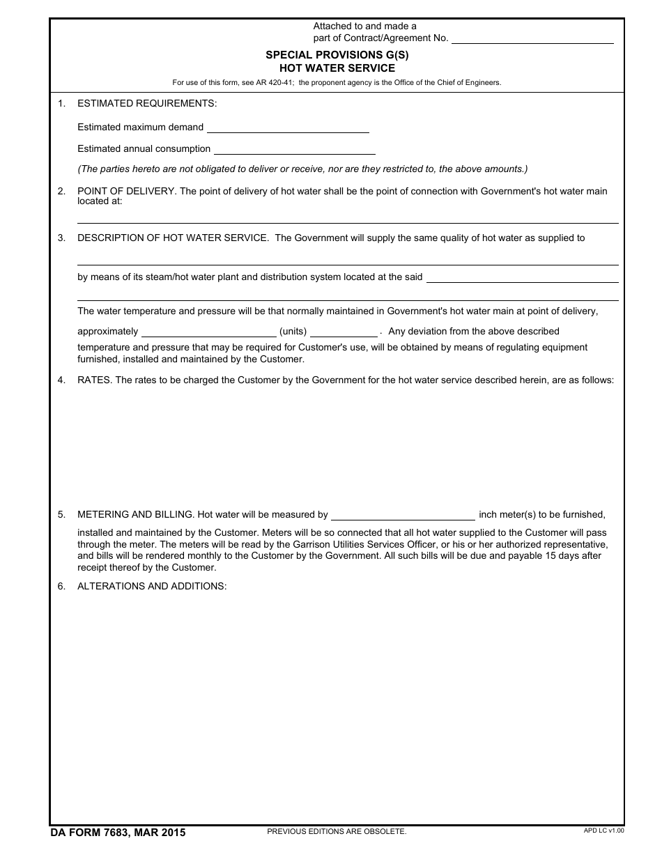 DA Form 7683 Special Provisions G(S) Hot Water Service, Page 1