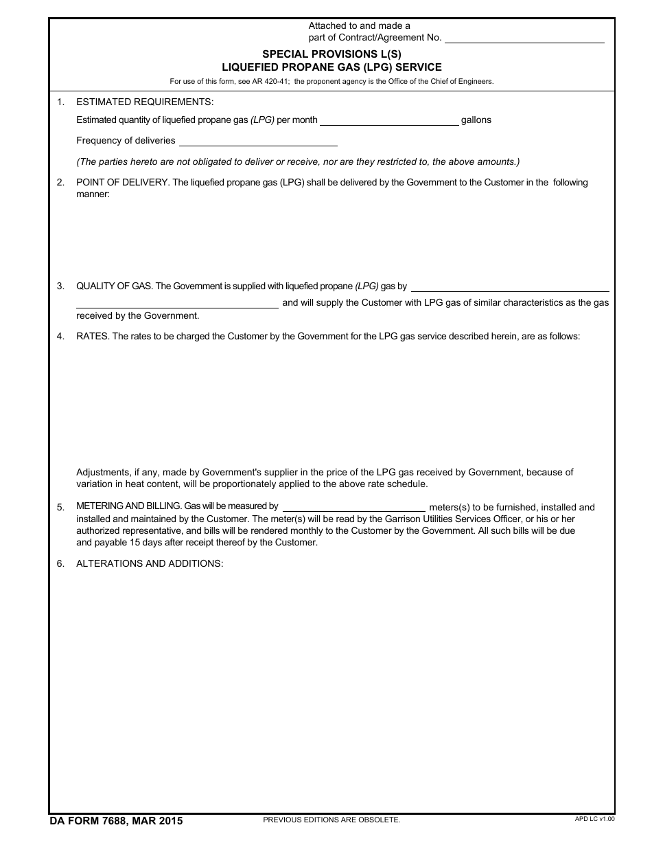 DA Form 7688 Special Provisions L(S) Liquefied Propane Gas (Lpg) Service, Page 1