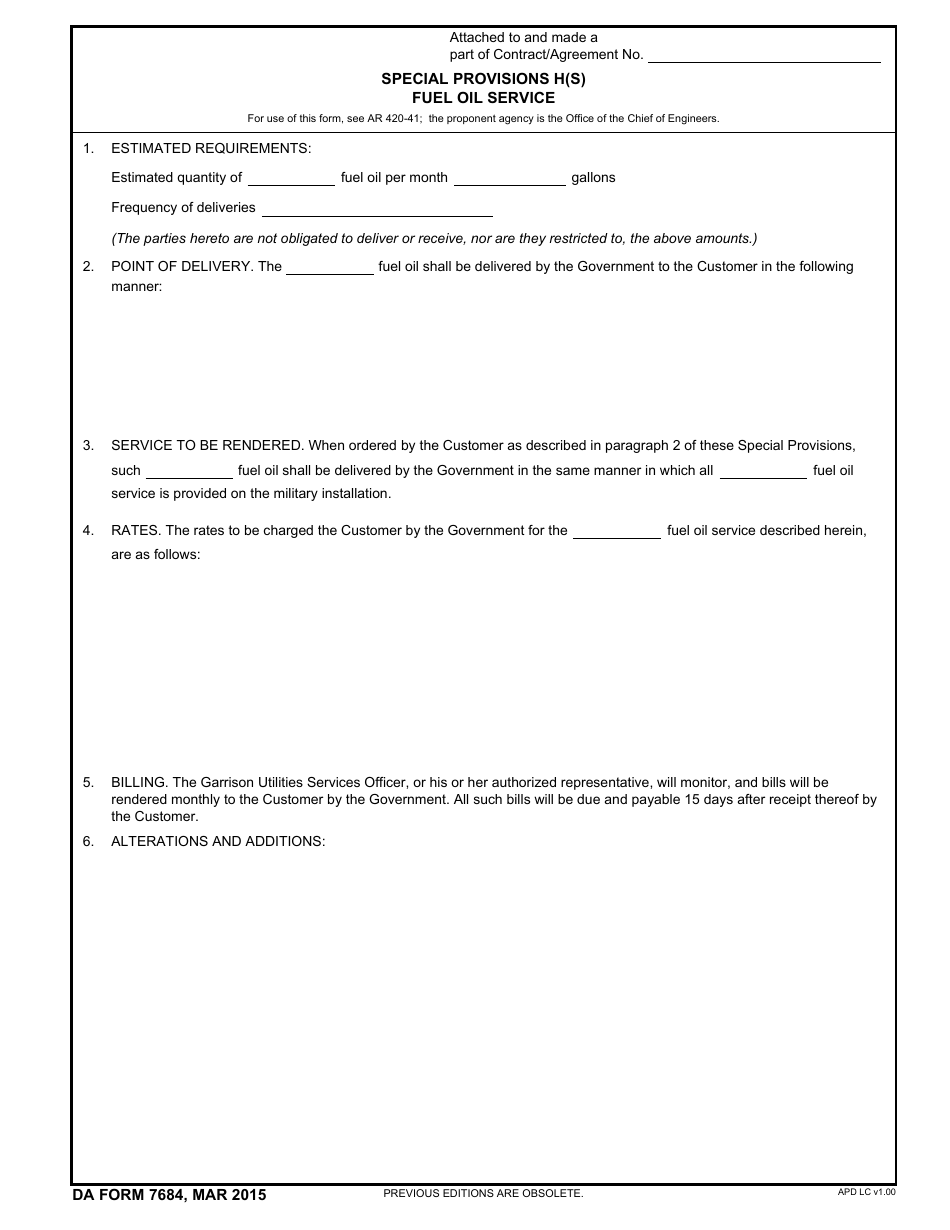 DA Form 7684 Special Provisions H(S) Fuel Oil Service, Page 1