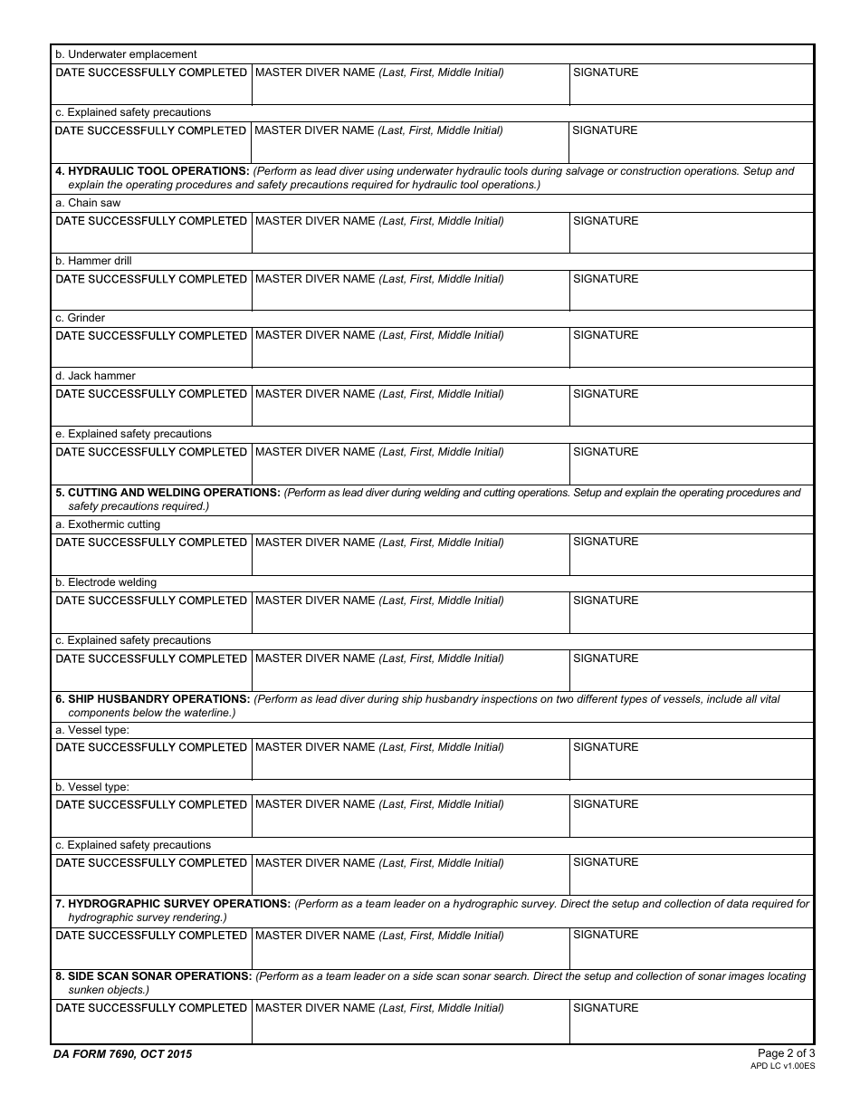 DA Form 7690 Salvage Diver Qualification Worksheet, Page 2