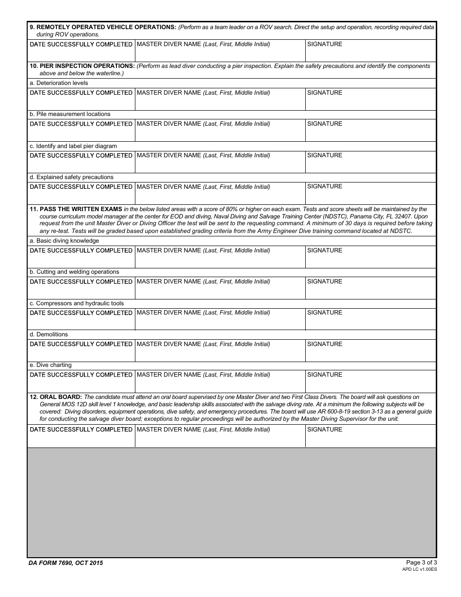 DA Form 7690 Salvage Diver Qualification Worksheet, Page 3