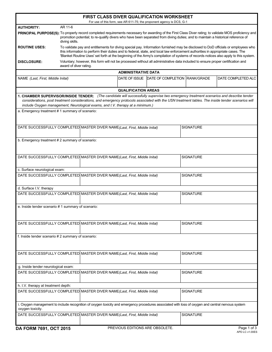 DA Form 7691 First Class Diver Qualification Worksheet, Page 1