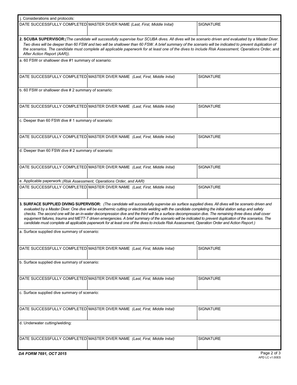 DA Form 7691 First Class Diver Qualification Worksheet, Page 2