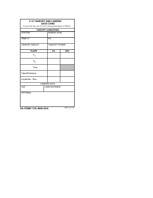 DA Form 7739 C-12 Takeoff and Landing Data Card