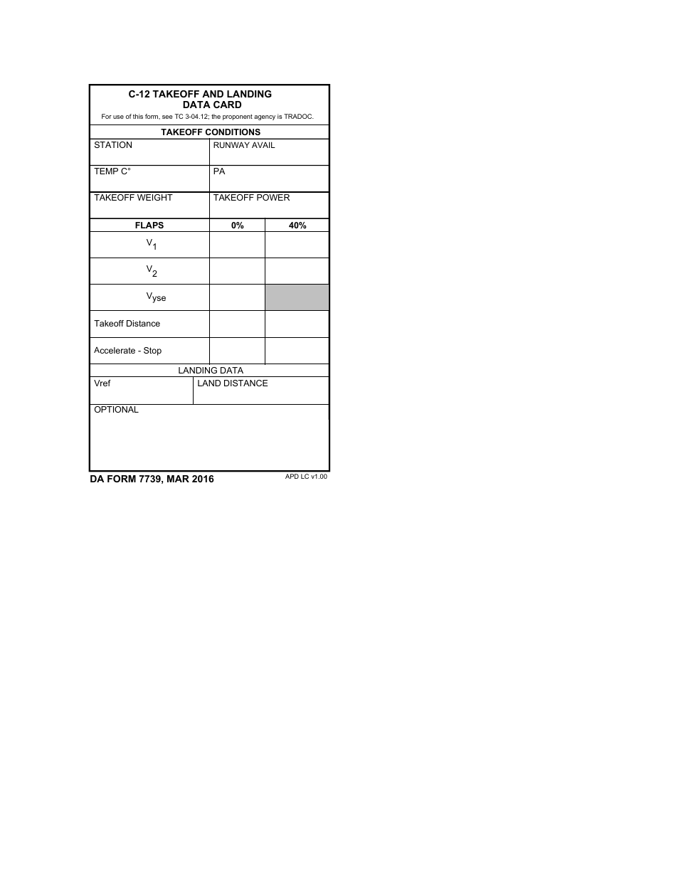DA Form 7739 C-12 Takeoff and Landing Data Card, Page 1