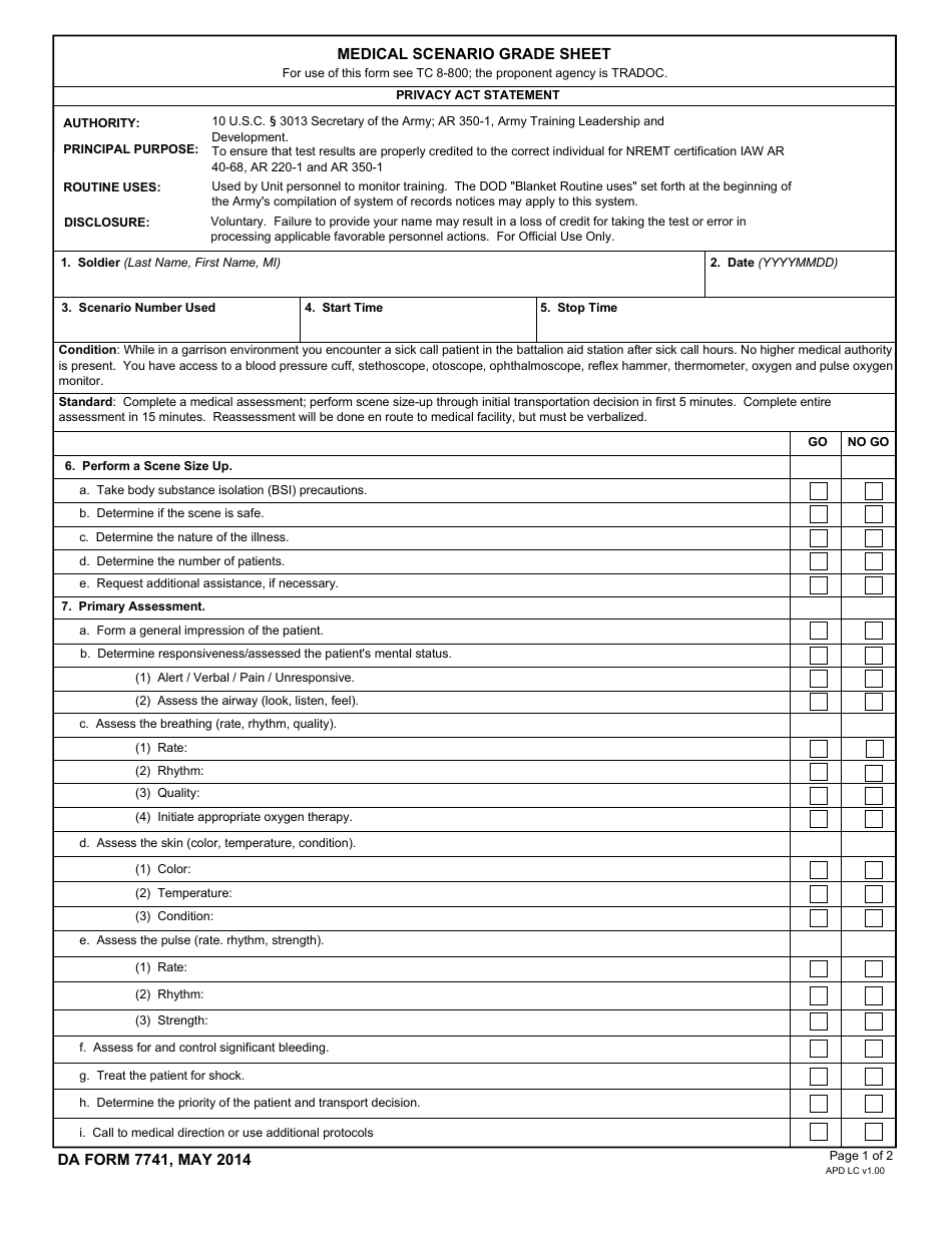 DA Form 7741 Medical Scenario Grade Sheet, Page 1