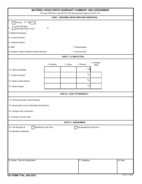 DA Form 7744  Printable Pdf