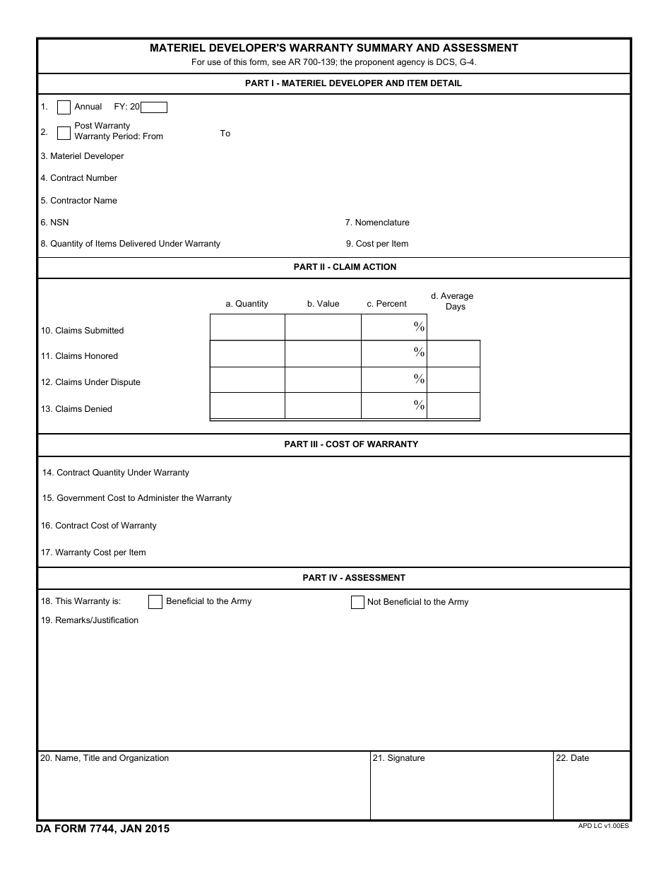 DA Form 7744 Materiel Developer S Warranty Summary and Assessment, Page 1