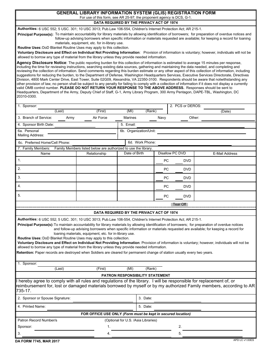 DA Form 7745 General Library Information System (Glis) Registration Form, Page 1