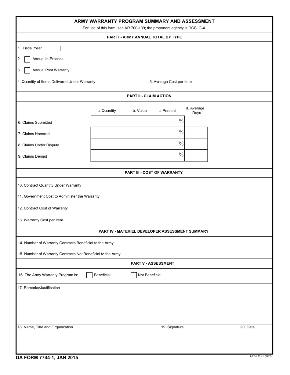 DA Form 7744-1 Army Warranty Program Summary and Assessment, Page 1