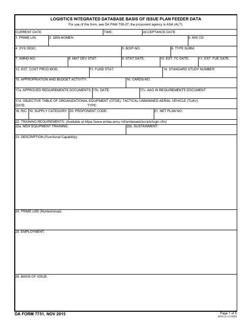 DA Form 7751  Printable Pdf