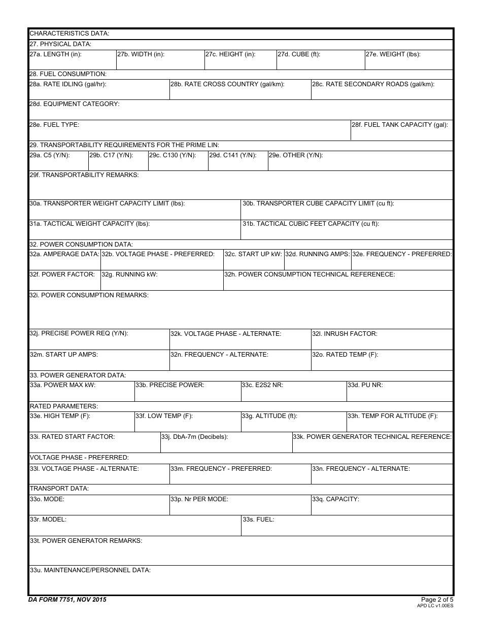 DA Form 7751 Logistics Integrated Database Basis of Issue Plan Feeder Data, Page 2