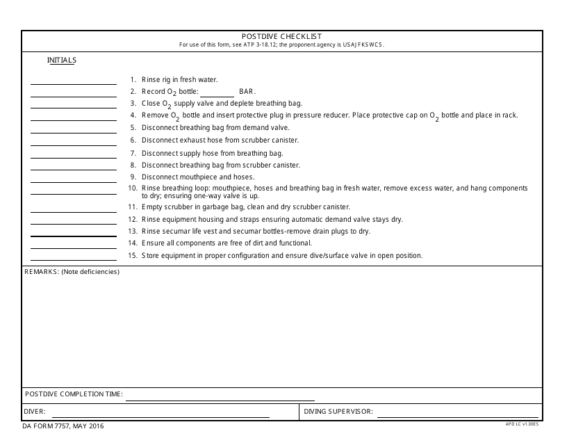 DA Form 7757 Postdive Checklist