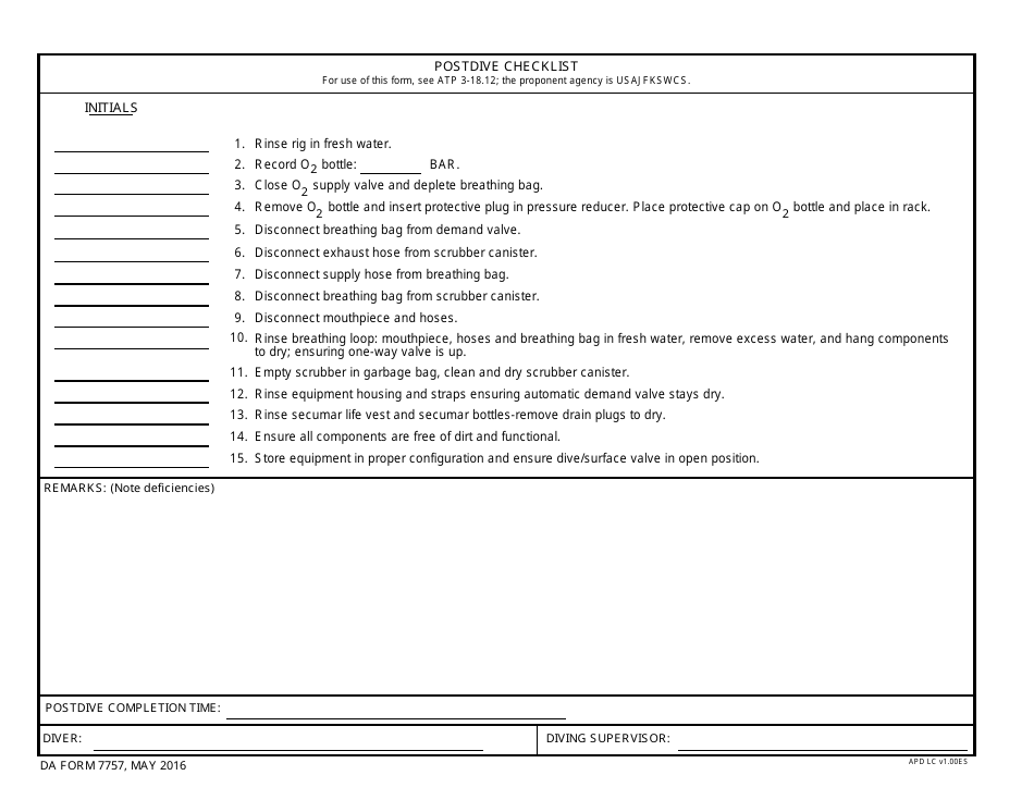 DA Form 7757 Postdive Checklist, Page 1