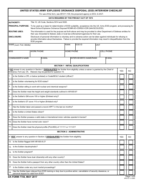 DA Form 7759 United States Army Explosive Ordnance Disposal (Eod) Interview Checklist