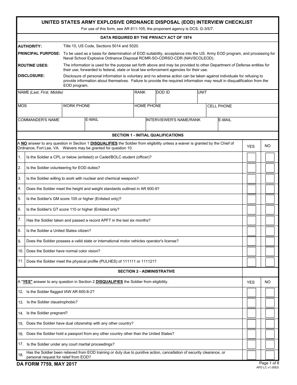 DA Form 7759 United States Army Explosive Ordnance Disposal (Eod) Interview Checklist, Page 1