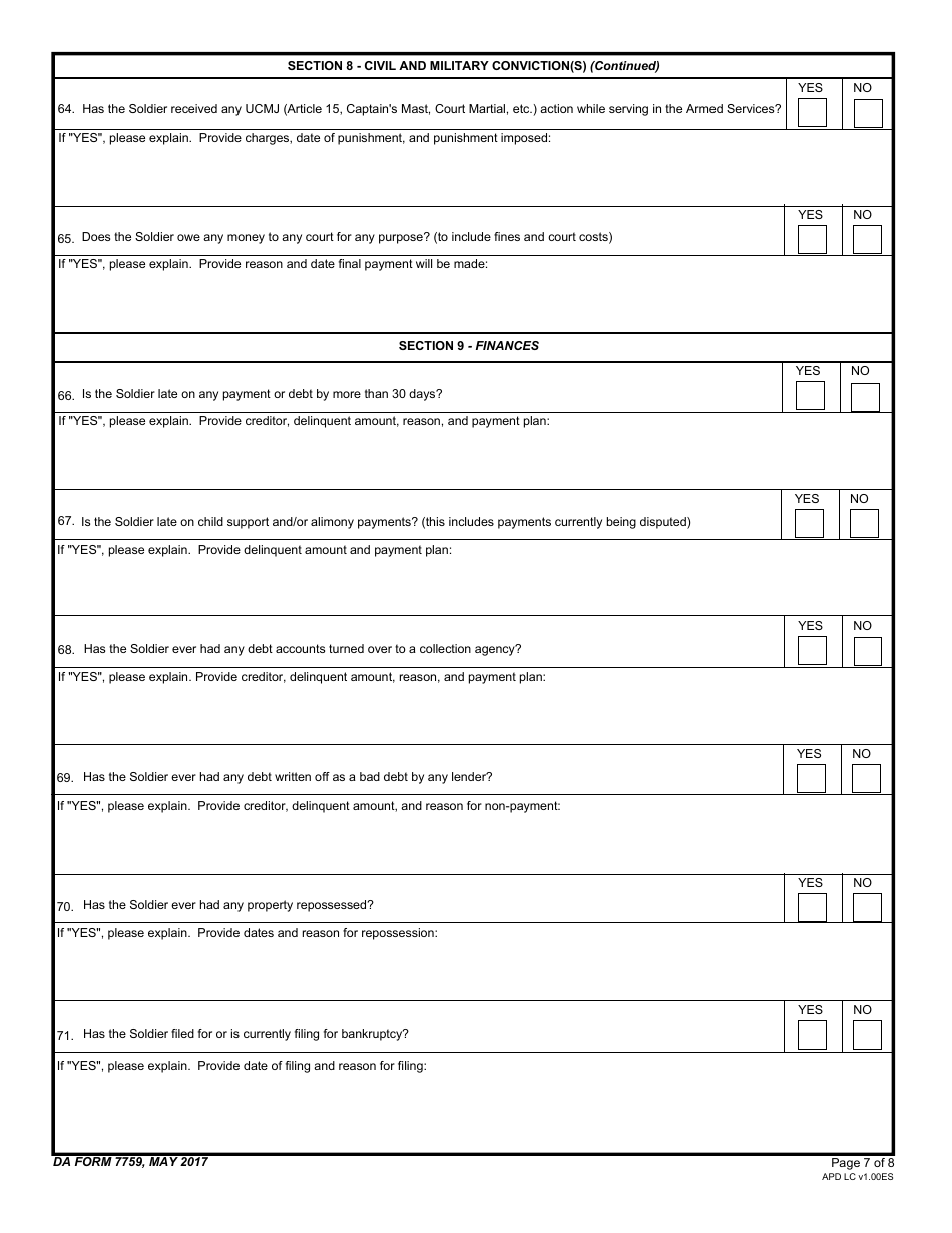 DA Form 7759 United States Army Explosive Ordnance Disposal (Eod) Interview Checklist, Page 7