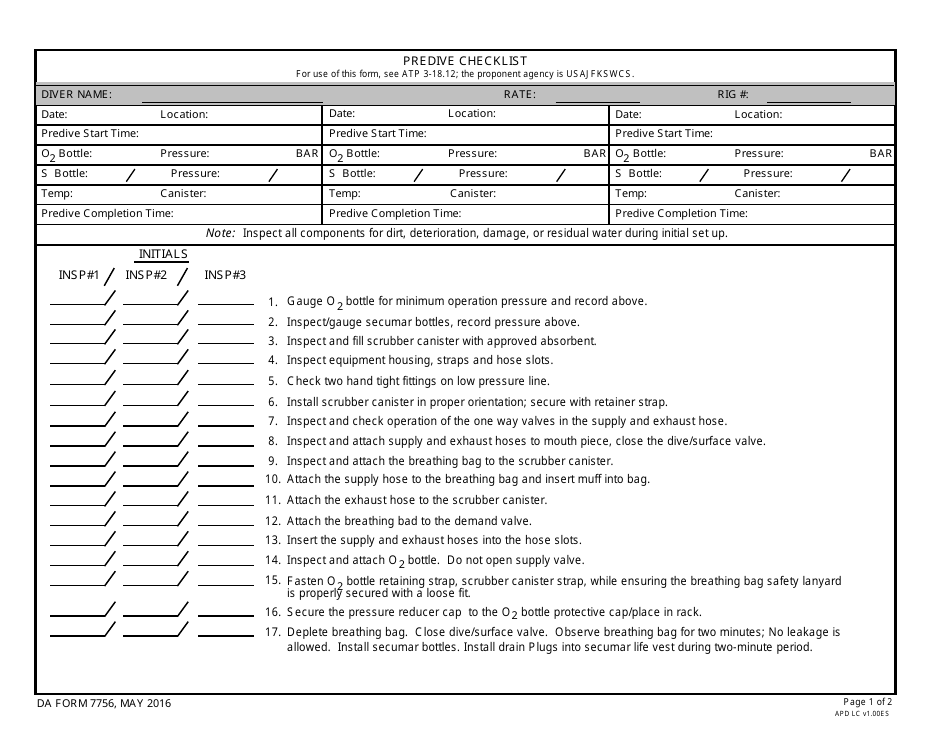 DA Form 7756 Predive Checklist, Page 1