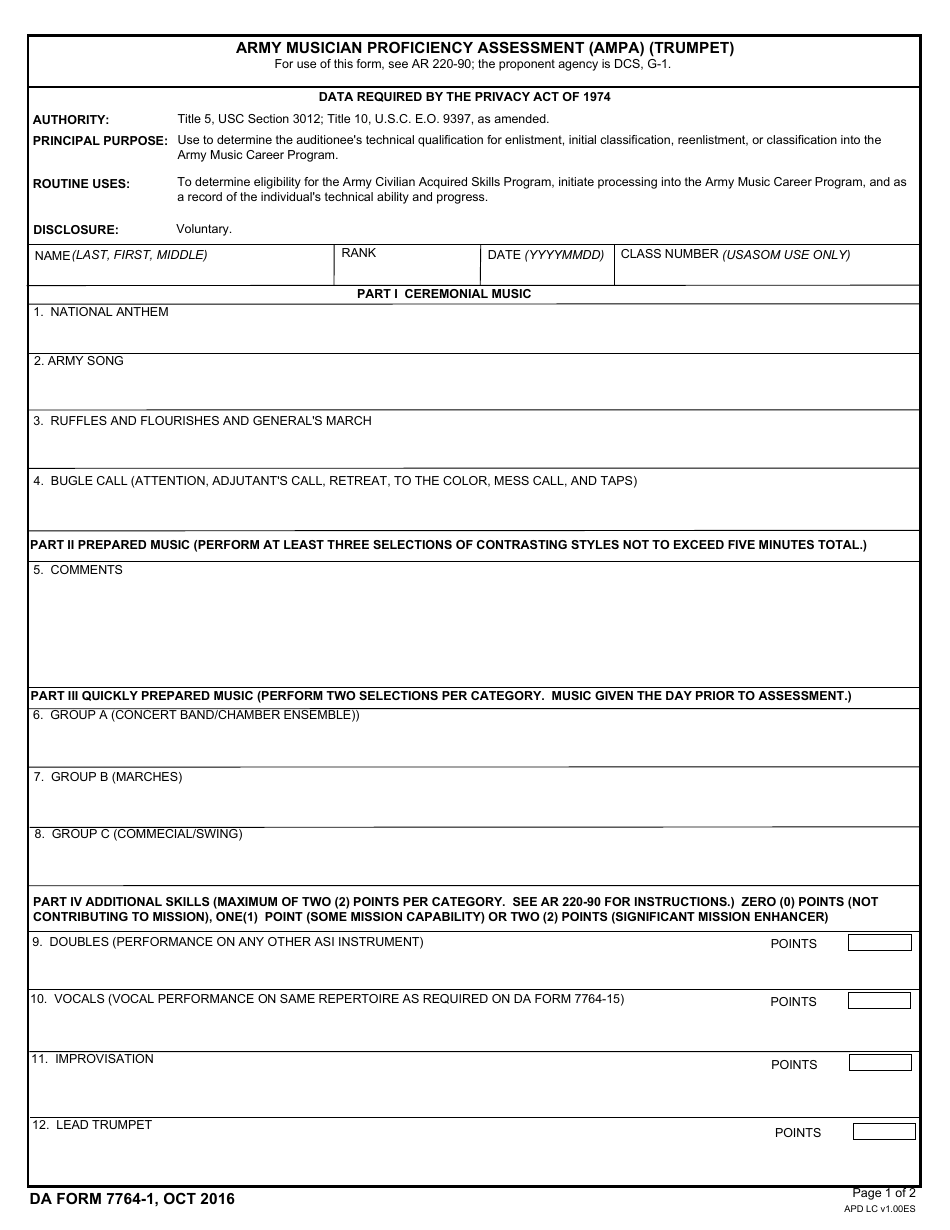 DA Form 7764-1 Army Musician Proficiency Assessment (Ampa) (Trumpet), Page 1