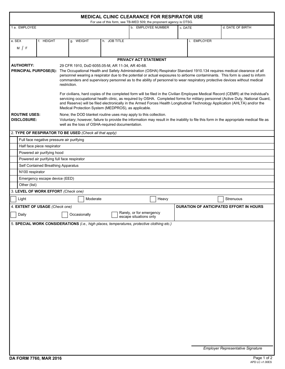 DA Form 7760 Medical Clinic Clearance for Respirator Use, Page 1